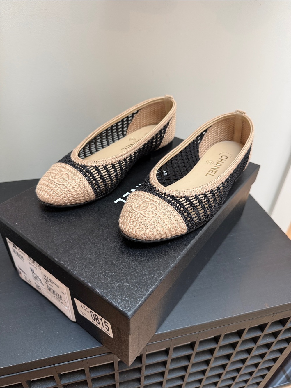 CHANEL Beige and Black Woven Ballet Flats